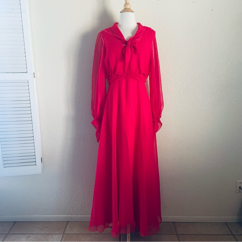 Vintage 70’s Red Chiffon Holiday Formal Maxi Dress